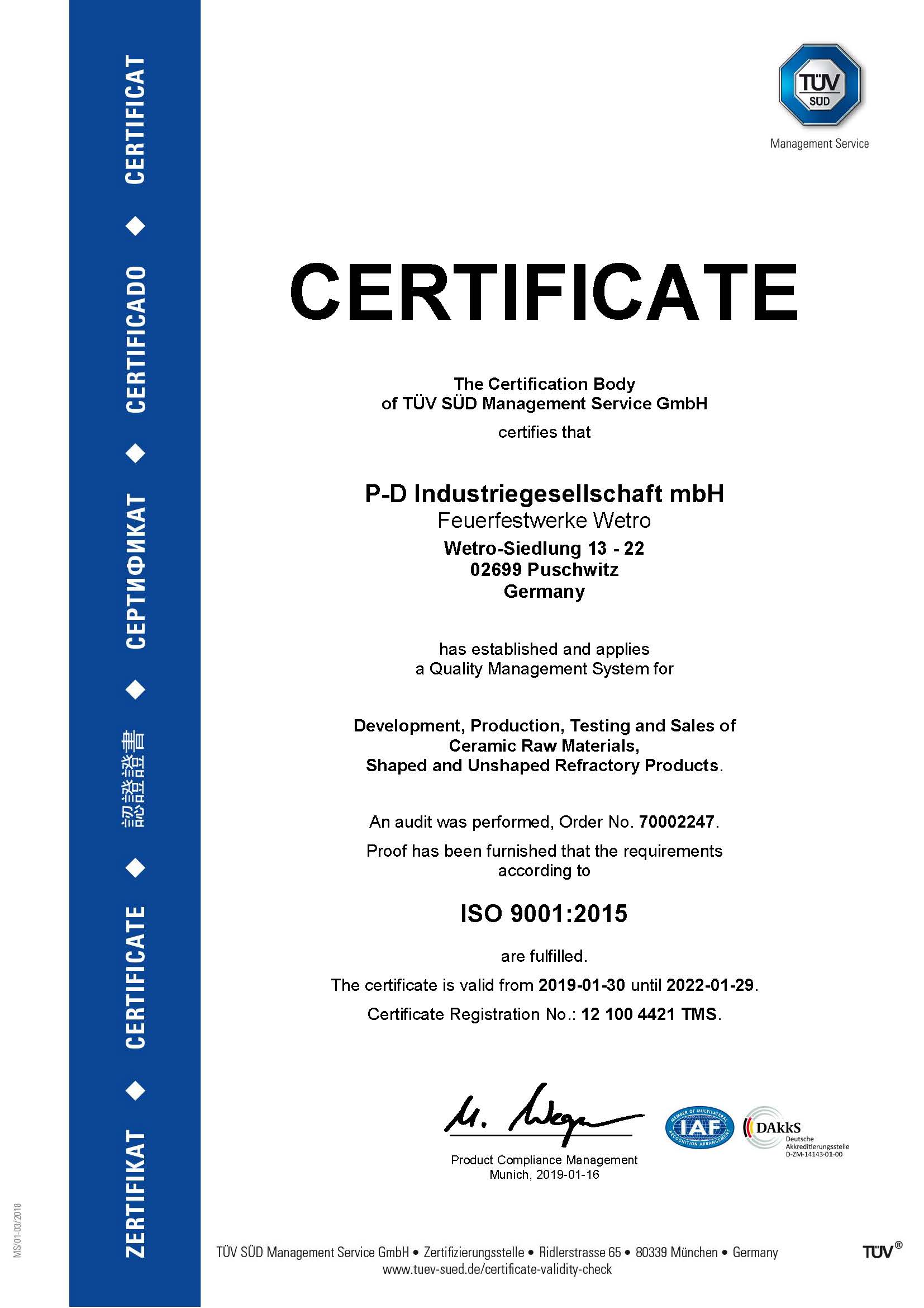 P-D Industriegesellschaft mbH, Feuerfestwerke Wetro · ISO 9001:2015 