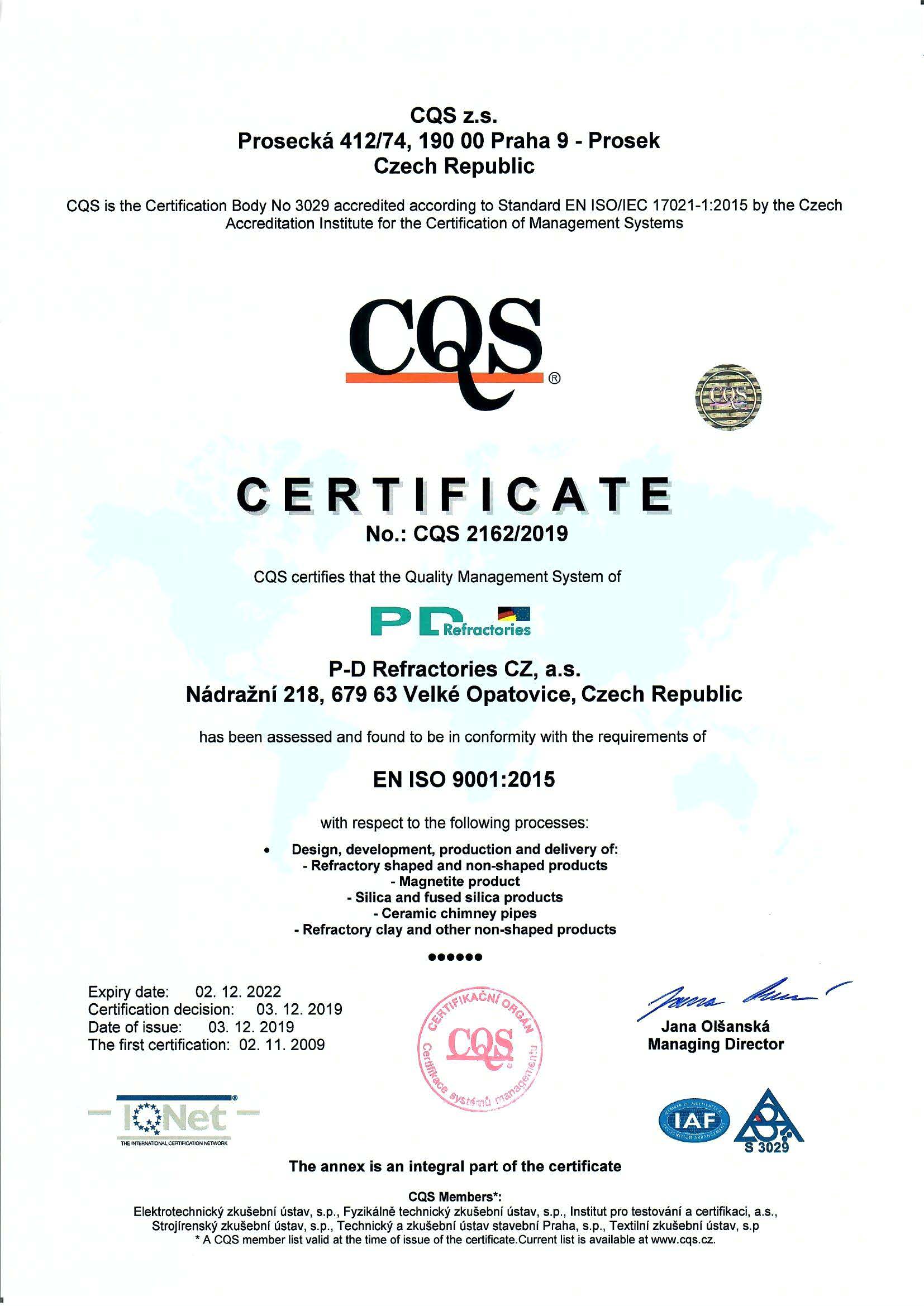 P-D Refractories, CZ, a. s.,Velké Opatovice · EN ISO 9001:2015
