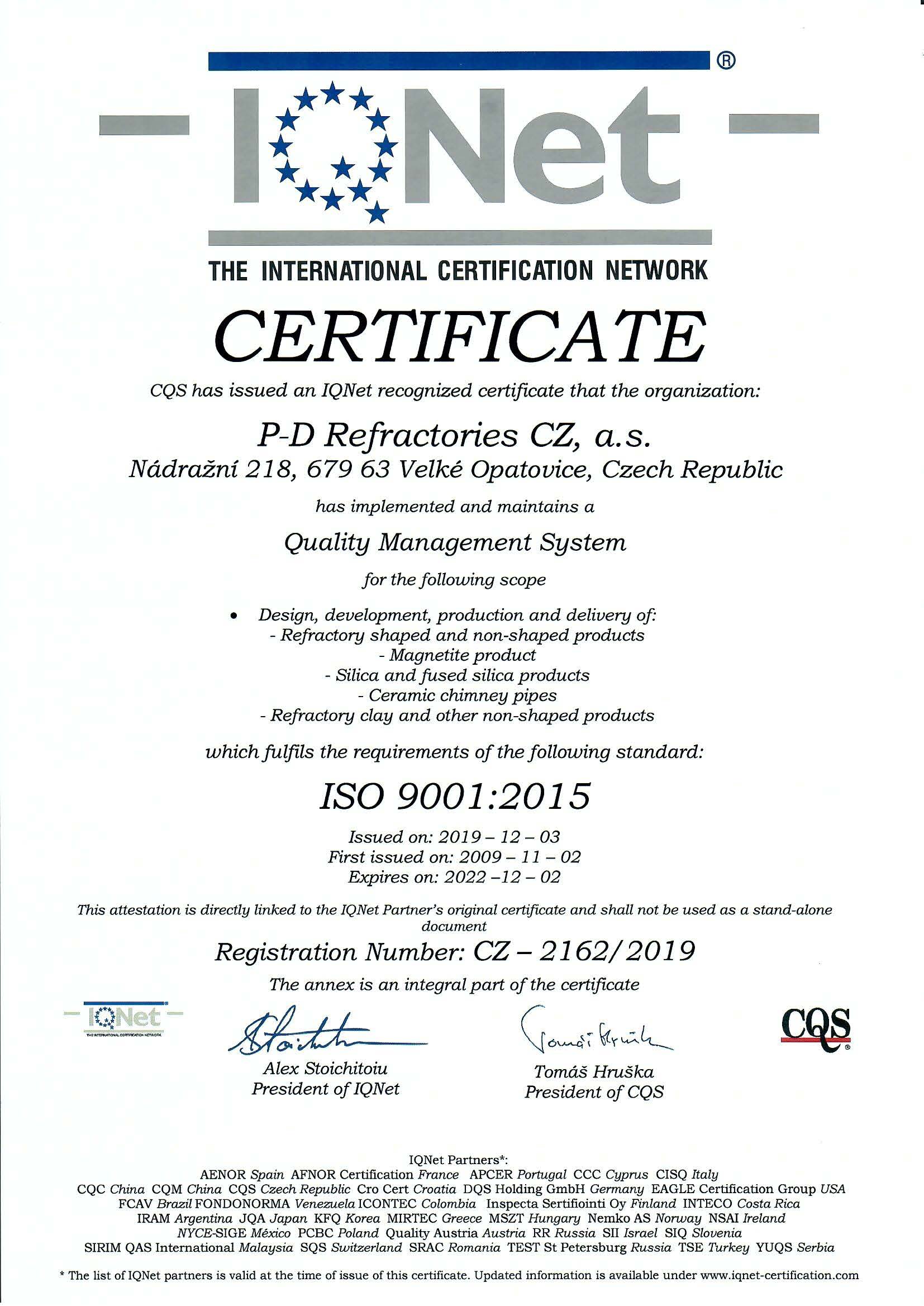 P-D Refractories, CZ, a.s., Velké Opatovice · ISO 9001:2015