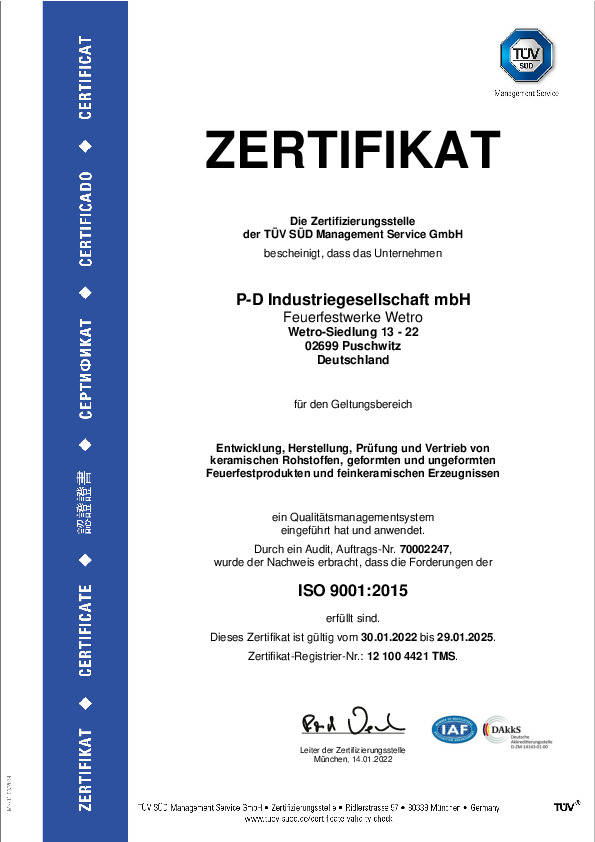 P-D Industriegesellschaft mbH, Feuerfestwerke Wetro · ISO 9001:2015